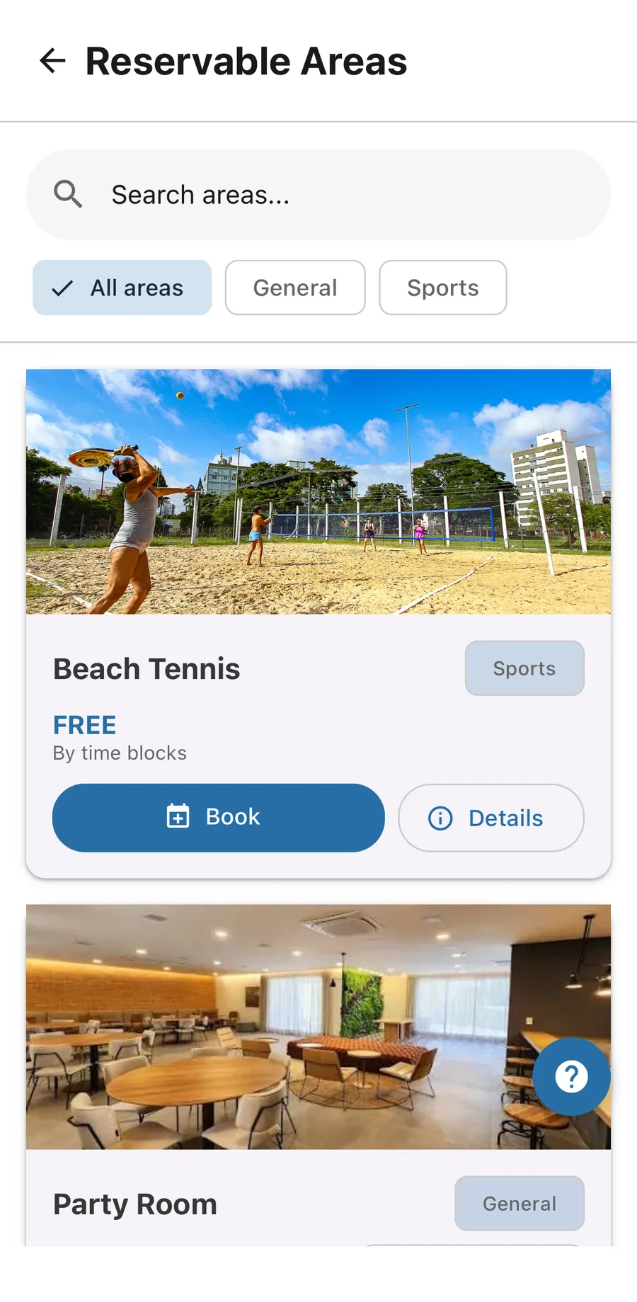 Bookable areas in the app, each with its own photo: the beach tennis court and the party room, with their category and a book button.