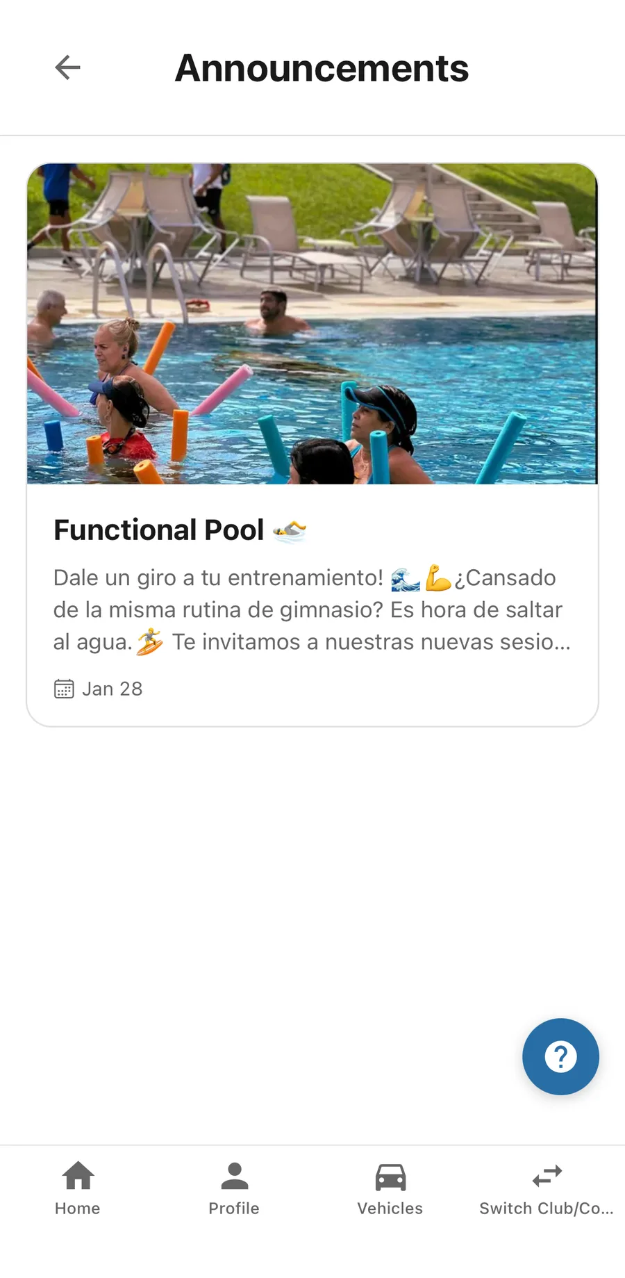 Announcements in the app: the club posts a notice with its own photo, and every member reads it on their phone.