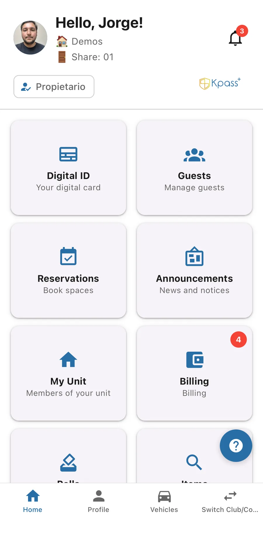 App home: on a single screen the member sees their digital ID, guests, bookings, announcements, billing, polls, lost and found and incidents.