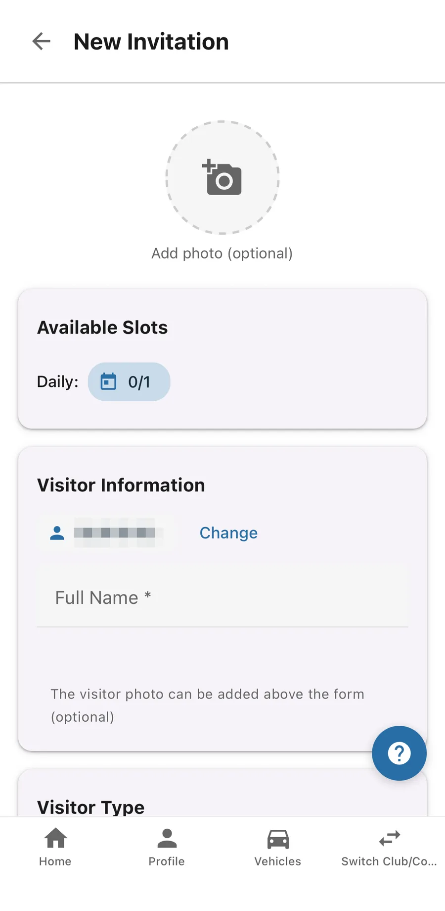 New invitation in the app: the available slots for the month, the guest’s document and name, with an optional photo.